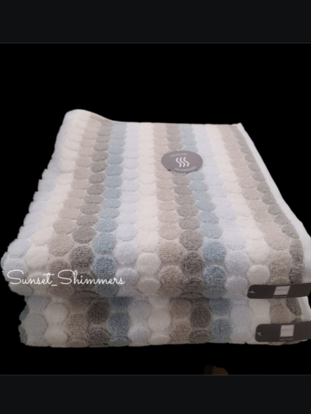 2 Piece Soho Living Bath Towel Set Striped Dot Blue Dark Gray White New